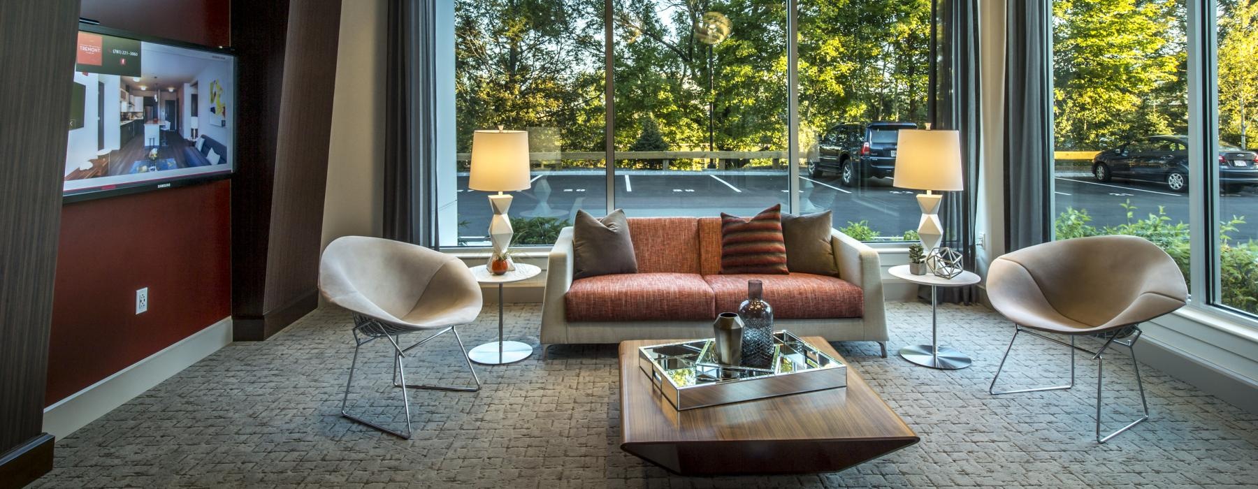 a living room with a large window